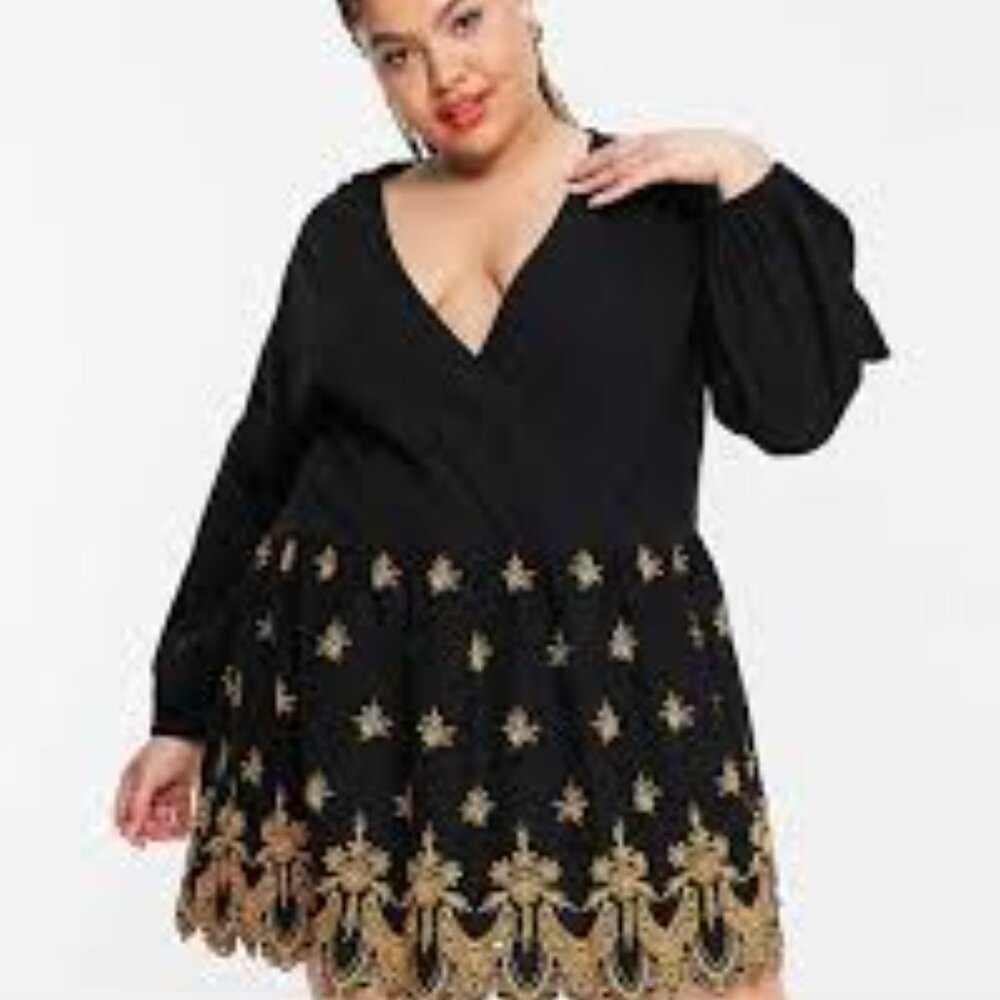 ASOS Designs Black Oversize Faux Wrap Dress w Gold Embroidered Skirt Size 20 NWT